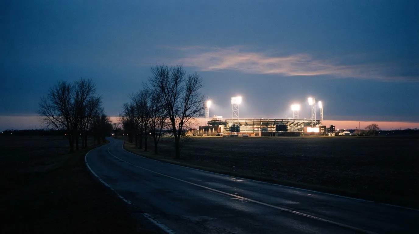 Ein Stadion unter Flutlicht aus großer Entfernung gesehen, davor eine dunkle Landstraße und einzelne Bäume in der Dämmerung.