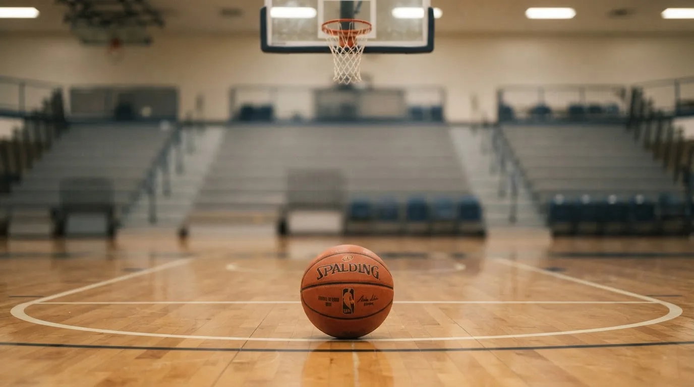 Ein orangefarbener Basketball liegt auf einem Hallenboden unter dem Netz eines Korbs, im Hintergrund unscharf leere Sitzreihen.