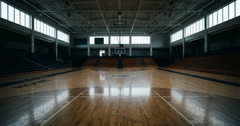 Ein leeres Basketballfeld in einer Halle mit glänzendem Parkett und einem Korb, durch hohe Fenster fällt Tageslicht.