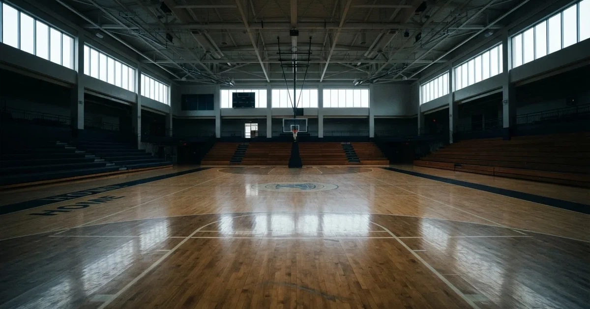 Ein leeres Basketballfeld in einer Halle mit glänzendem Parkett und einem Korb, durch hohe Fenster fällt Tageslicht.