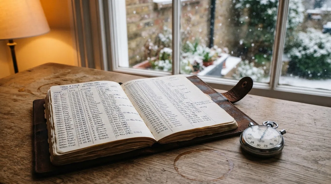 Ein Notizbuch mit handschriftlichen Zeiten liegt neben einer Stoppuhr auf einem Holztisch, draußen vor dem Fenster fällt Schnee.