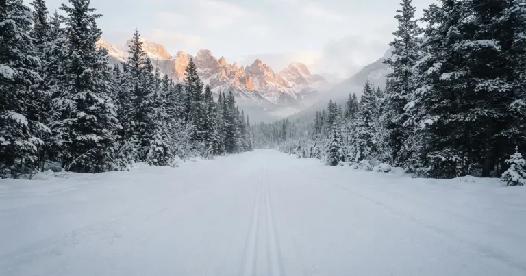 Eine verschneite Loipe im Morgenlicht mit gespurter Spur, im Hintergrund dunkler Nadelwald und eine Bergkette ohne Menschen.