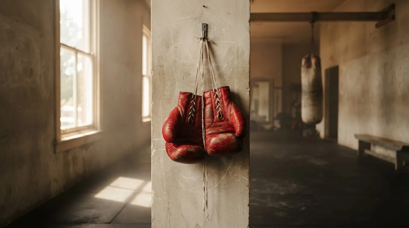 Ein Paar Boxhandschuhe hängt an einem Haken in einer leeren Trainingshalle, durch ein Fenster fällt Tageslicht auf den Boden.