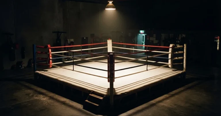 Ein leerer Boxring mit gespannten Seilen unter einer Hallenlampe, der Ringboden ist im Licht gut zu erkennen, niemand ist zu sehen.