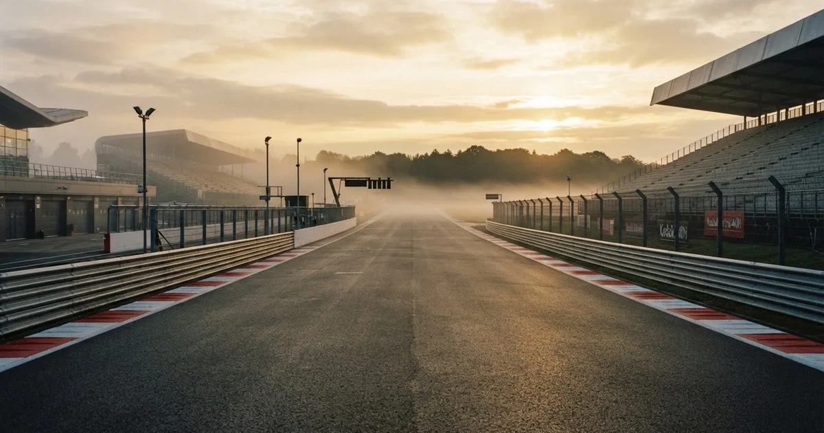 Eine Rennstrecke bei Sonnenaufgang, leere Zielgerade mit Randsteinen und Leitplanken, Nebel liegt über dem Asphalt.
