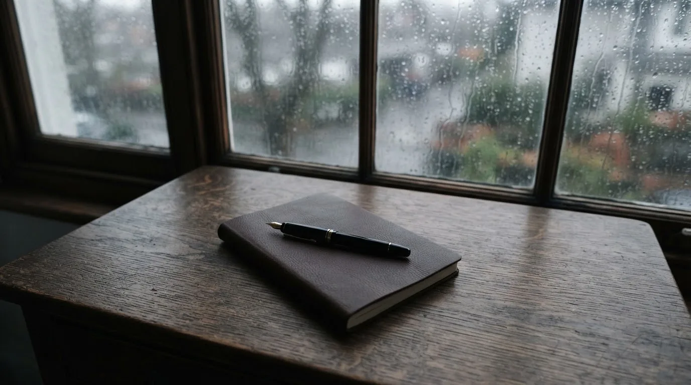 Ein Schreibtisch mit Füllfeder und geschlossenem Notizbuch vor einem regennassen Fenster, die Szene ist ruhig und ohne lesbaren Text.
