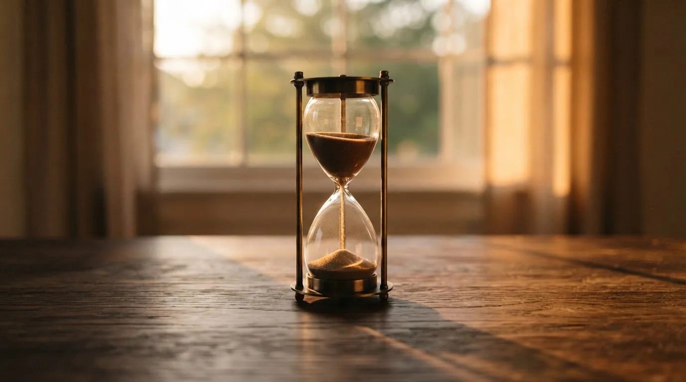 Eine Sanduhr auf einem Holztisch, im Hintergrund ein unscharfes Fenster mit warmem Abendlicht.