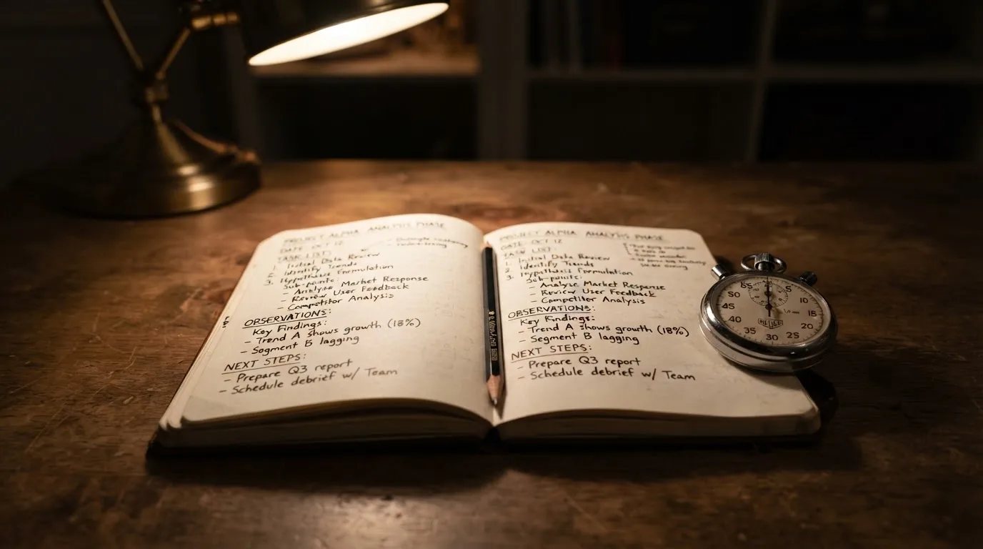 Ein aufgeschlagenes Notizbuch mit handschriftlichen Notizen und eine Stoppuhr liegen auf einem Tisch, Licht einer Schreibtischlampe.