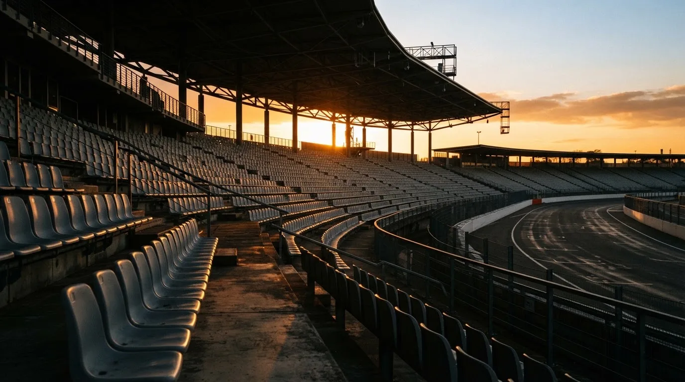 Eine Tribüne am Streckenrand von der Seite fotografiert, leere Sitzreihen im Gegenlicht der tiefstehenden Sonne.