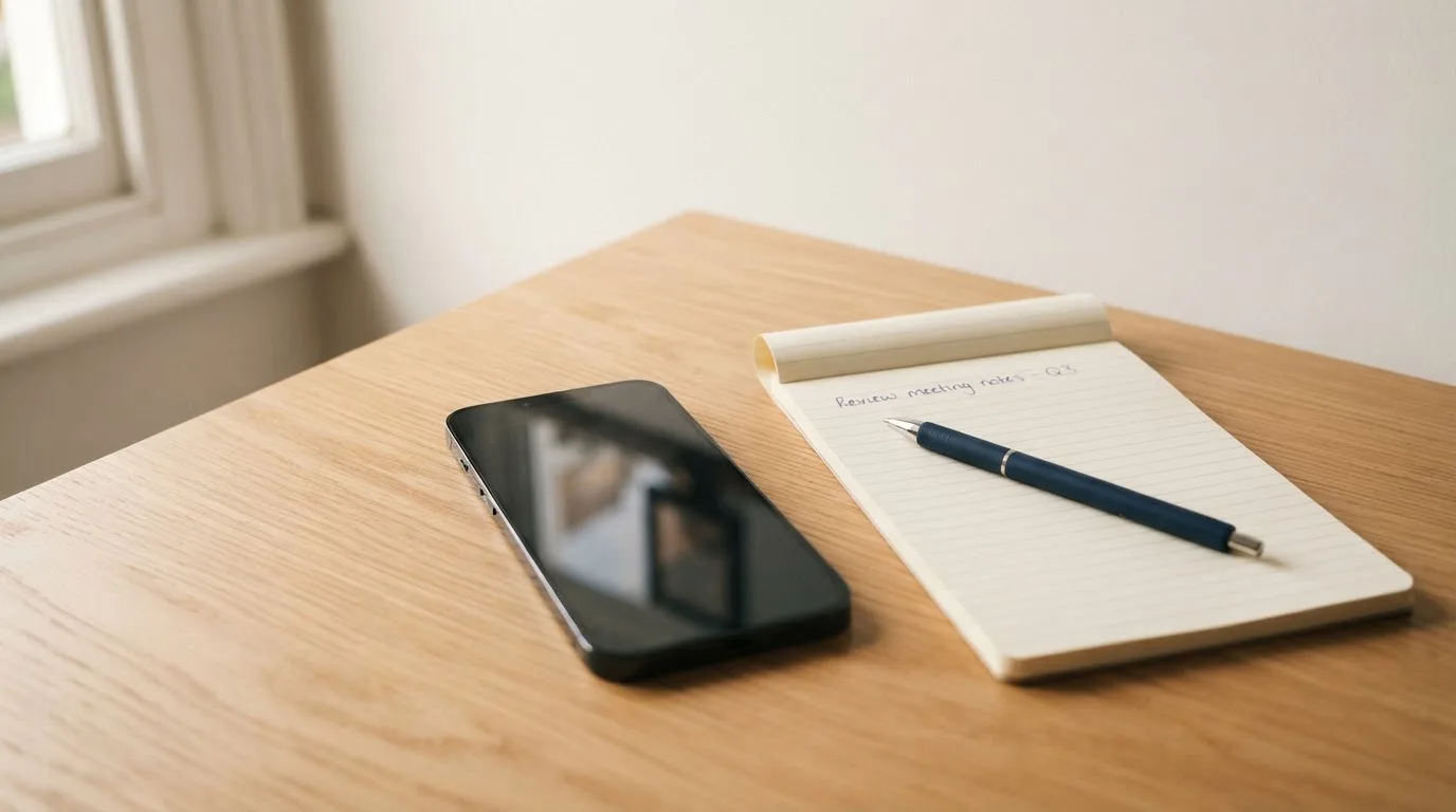 Ein Smartphone mit dunklem Display liegt auf einem Holztisch neben einem Notizblock und einem Stift, Tageslicht von links.