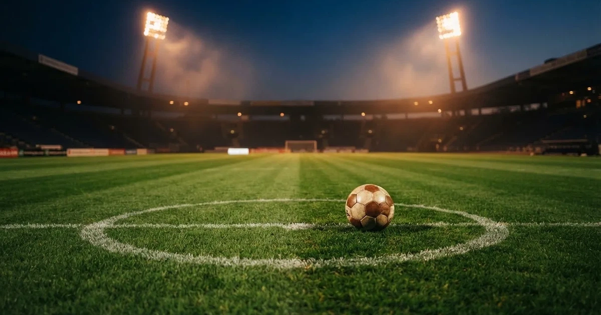 Ein Fußball liegt auf dem Anstoßpunkt eines Rasenplatzes in der Dämmerung, in der Ferne leuchten Flutlichter, die Ränge sind leer.