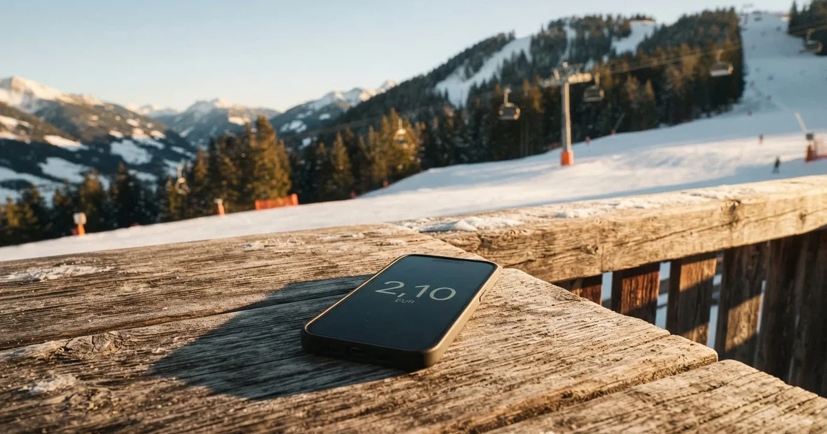 Ein verschneiter Skihang im Winterlicht mit einer leeren Liftspur, im Hintergrund Nadelwald und klarer Himmel, keine Personen.