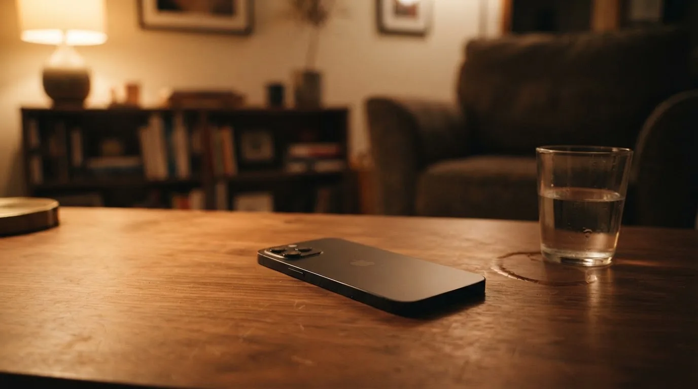 Ein Smartphone liegt mit dem Display nach unten auf einem Holztisch neben einem Glas Wasser, ruhige Abendstimmung in einem Wohnzimmer.