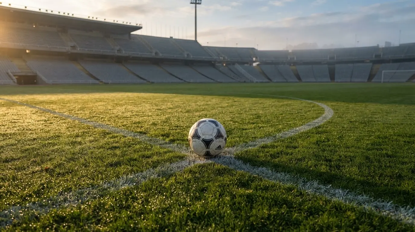 Ein Fußball auf dem Mittelpunkt eines Rasenplatzes, früher Morgen, Tau auf dem Gras, im Hintergrund leere Tribünen.