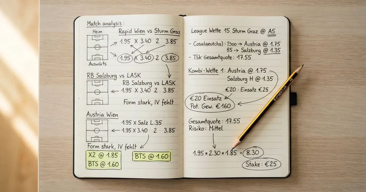Ein Notizbuch mit handschriftlichen Stichpunkten und kleinen Skizzen liegt neben einem Bleistift auf einem hellen Tisch, Tageslicht von der Seite.